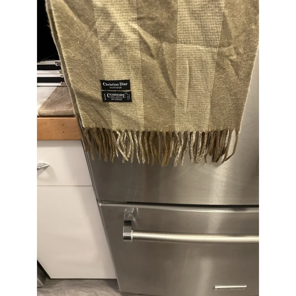 Christian Dior 100% Acrylic With Fringe Scarf Vintage Camel Striped Classic Scar